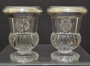 2 F.B. Rogers Sterling Silver Lions Head Pressed Glass Vase Toothpick Holder VTG